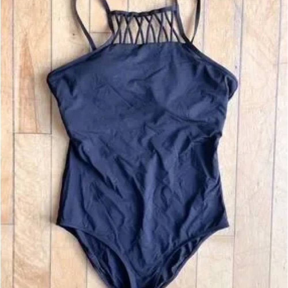 Black Strappy High-Neck One-Piece Swimsuit